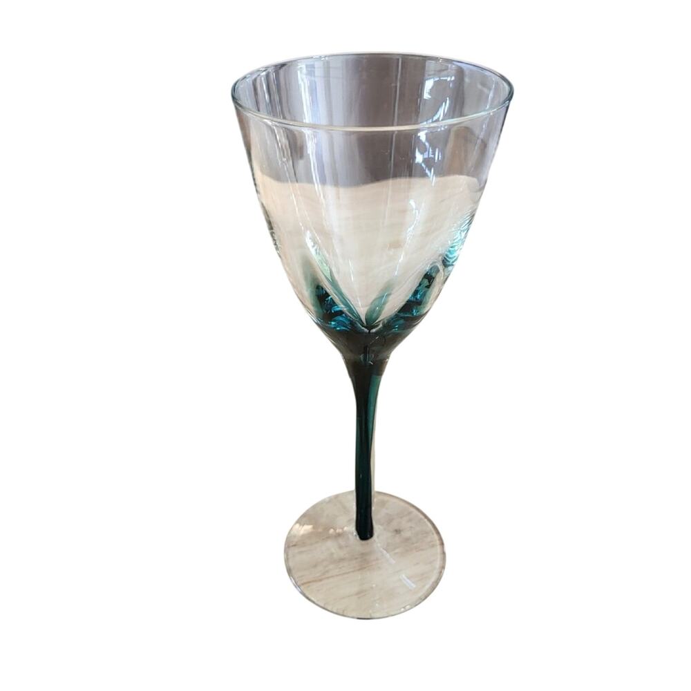 Pier One 1 Emmie Crystal Wine Glass Hand Blown Dark Green Filament Stemware 9"